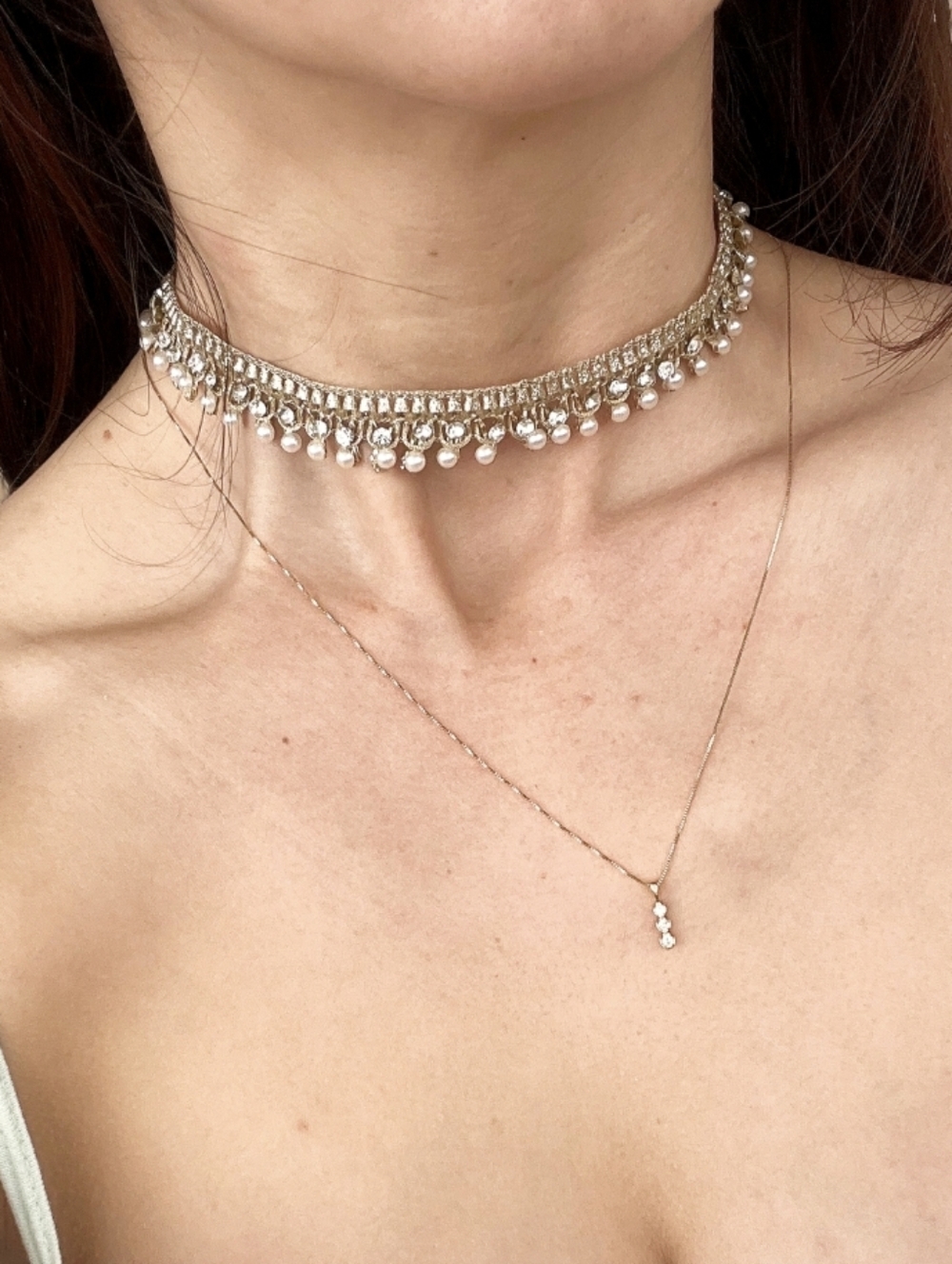 Handmade Pearl Zircon Gold Silver Fringe Choker Necklace